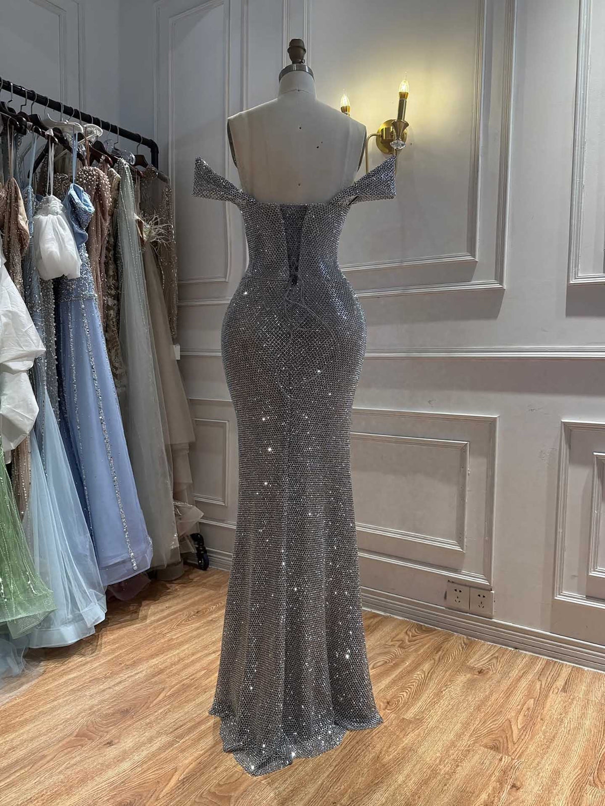 Luxury Gold Off Shoulder Deep V Crystal Beaded Mermaid Dress LA73167D