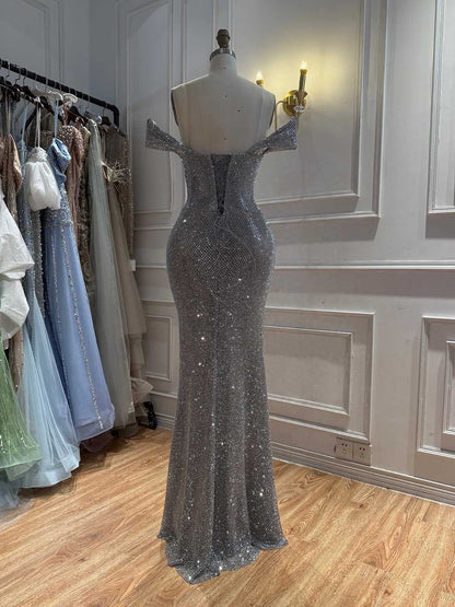 Luxury Gold Off Shoulder Deep V Crystal Beaded Mermaid Dress LA73167D