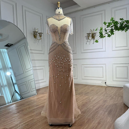 Nude Pearl Beaded Strapless Mermaid Evening Dress with Detachable Cape LA73183