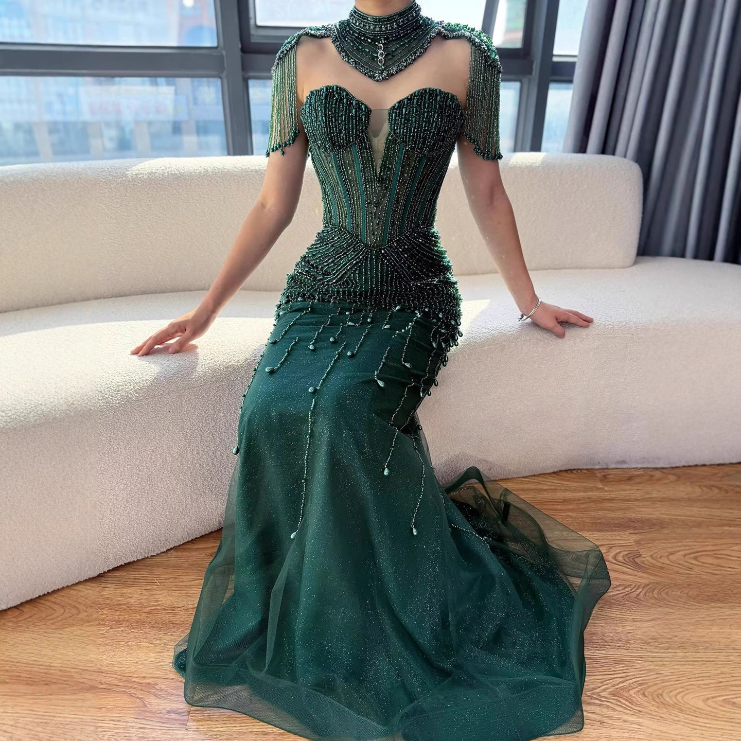 Nude Pearl Beaded Strapless Mermaid Evening Dress with Detachable Cape LA73183