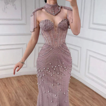 Nude Pearl Beaded Strapless Mermaid Evening Dress with Detachable Cape LA73183