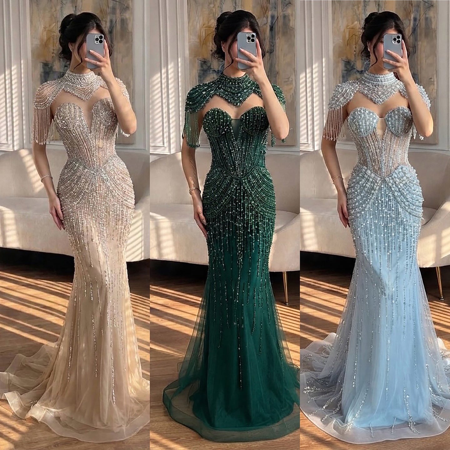 Luxury Nude High Neck Beaded Tassel Mermaid Evening Dress LA73183A
