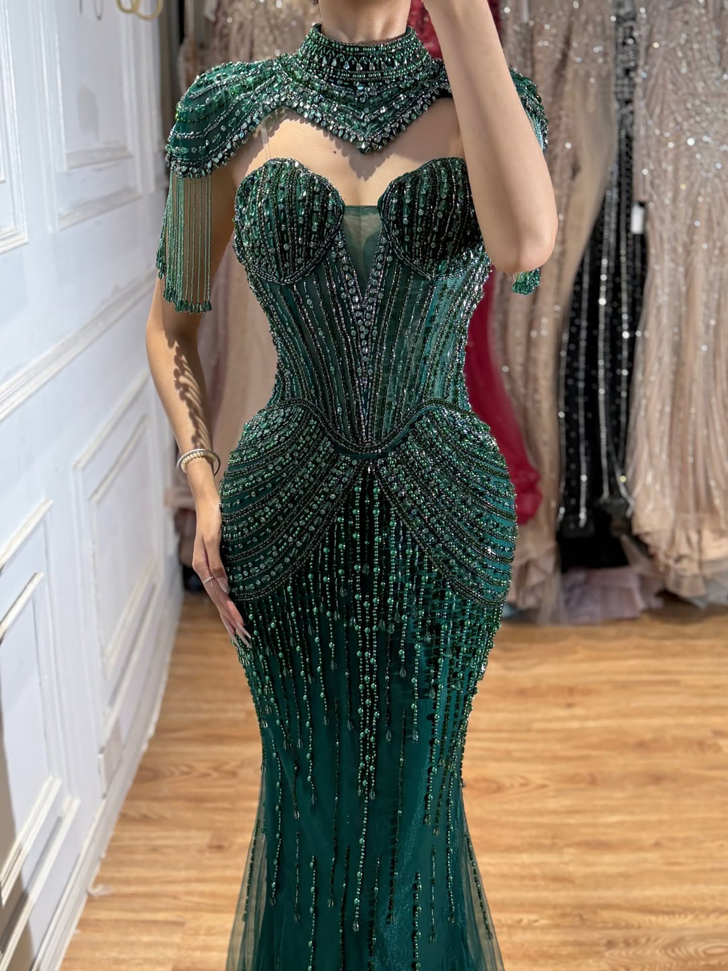Luxury Nude High Neck Beaded Tassel Mermaid Evening Dress LA73183A
