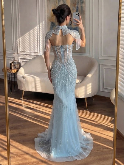 Luxury Nude High Neck Beaded Tassel Mermaid Evening Dress LA73183A
