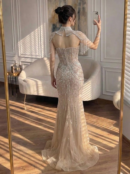 Luxury Nude High Neck Beaded Tassel Mermaid Evening Dress LA73183A
