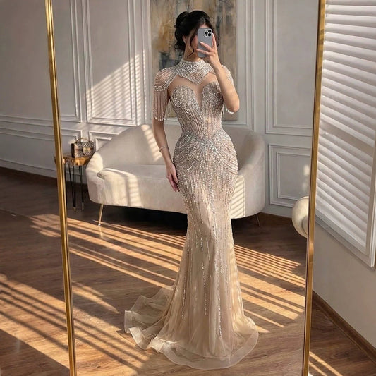 Blue Strapless Beaded Luxury Mermaid Evening Dress with Tassel Cape LA73183A