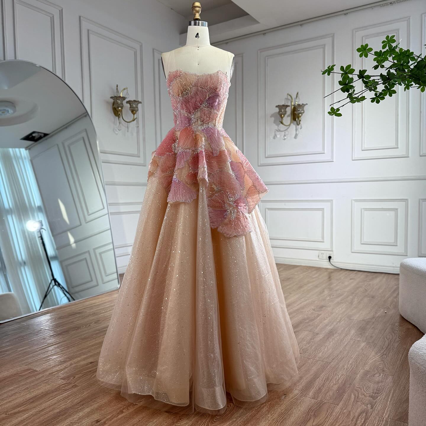 Peach Floral Appliqué A-Line Sparkly Evening Dress for Prom Party LA73185