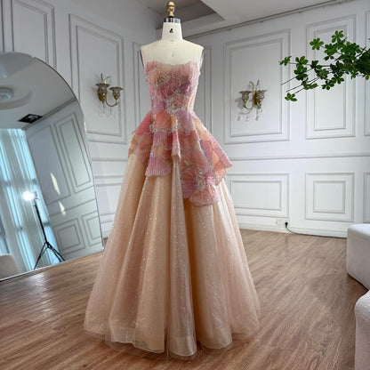 Peach Floral Appliqué A-Line Sparkly Evening Dress for Prom Party LA73185