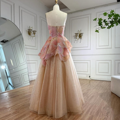Peach Floral Appliqué A-Line Sparkly Evening Dress for Prom Party LA73185