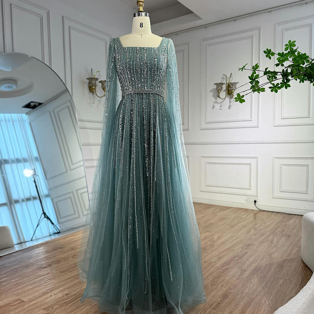 Luxury Blue Square Neck Beaded A Line Evening Gown with Cape LA73188A