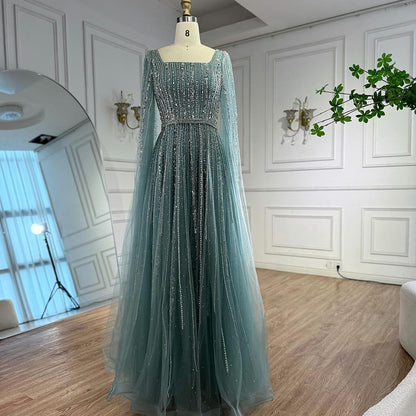 Luxury Blue Square Neck Beaded A Line Evening Gown with Cape LA73188A