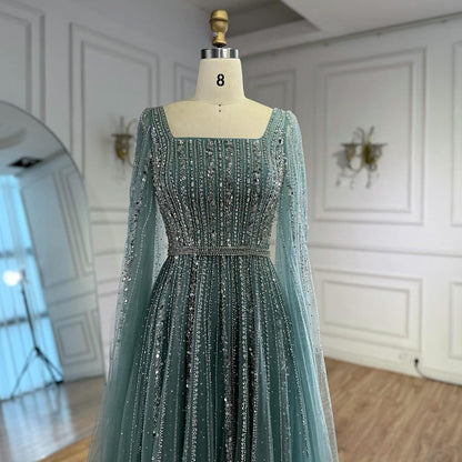 Luxury Blue Square Neck Beaded A Line Evening Gown with Cape LA73188A