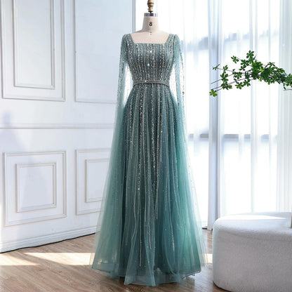 Luxury Blue Square Neck Beaded A Line Evening Gown with Cape LA73188A
