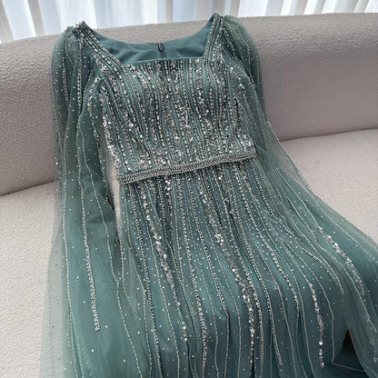Luxury Blue Square Neck Beaded A Line Evening Gown with Cape LA73188A