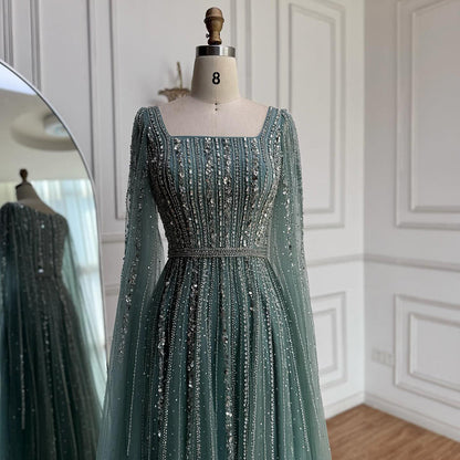 Luxury Blue Square Neck Beaded A Line Evening Gown with Cape LA73188A