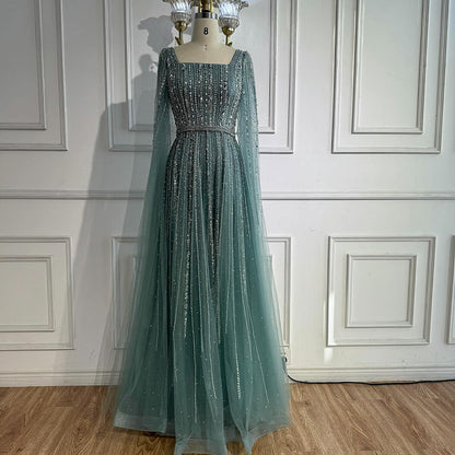 Luxury Blue Square Neck Beaded A Line Evening Gown with Cape LA73188A
