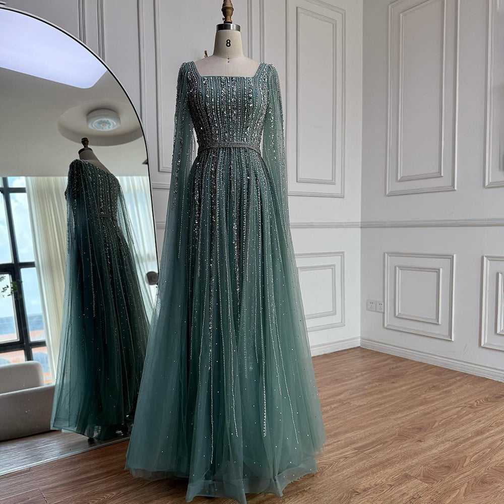 Luxury Blue Square Neck Beaded A Line Evening Gown with Cape LA73188A