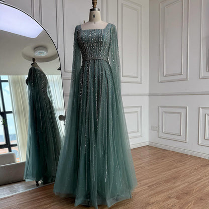 Luxury Blue Square Neck Beaded A Line Evening Gown with Cape LA73188A