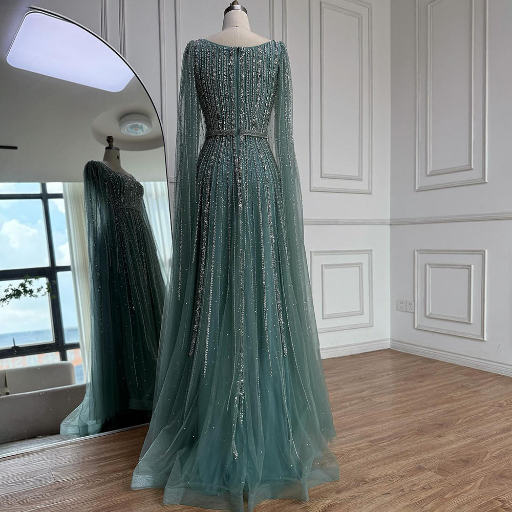 Luxury Blue Square Neck Beaded A Line Evening Gown with Cape LA73188A