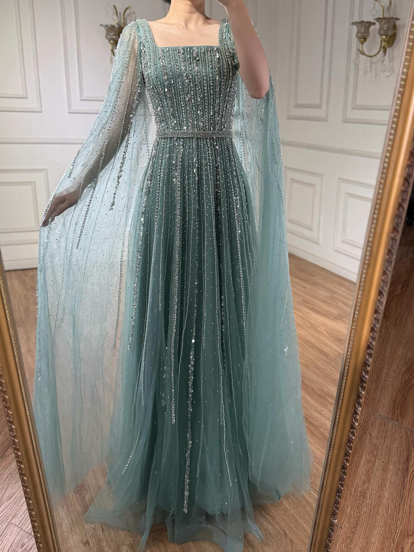 Luxury Blue Square Neck Beaded A Line Evening Gown with Cape LA73188A