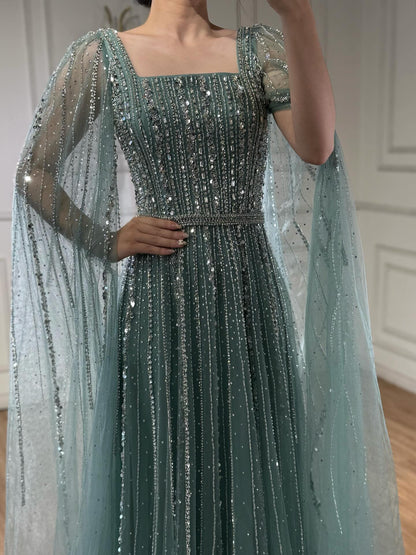Luxury Blue Square Neck Beaded A Line Evening Gown with Cape LA73188A