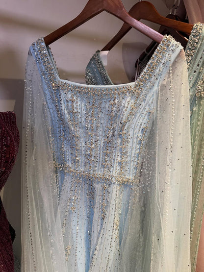 Luxury Blue Square Neck Beaded A Line Evening Gown with Cape LA73188A