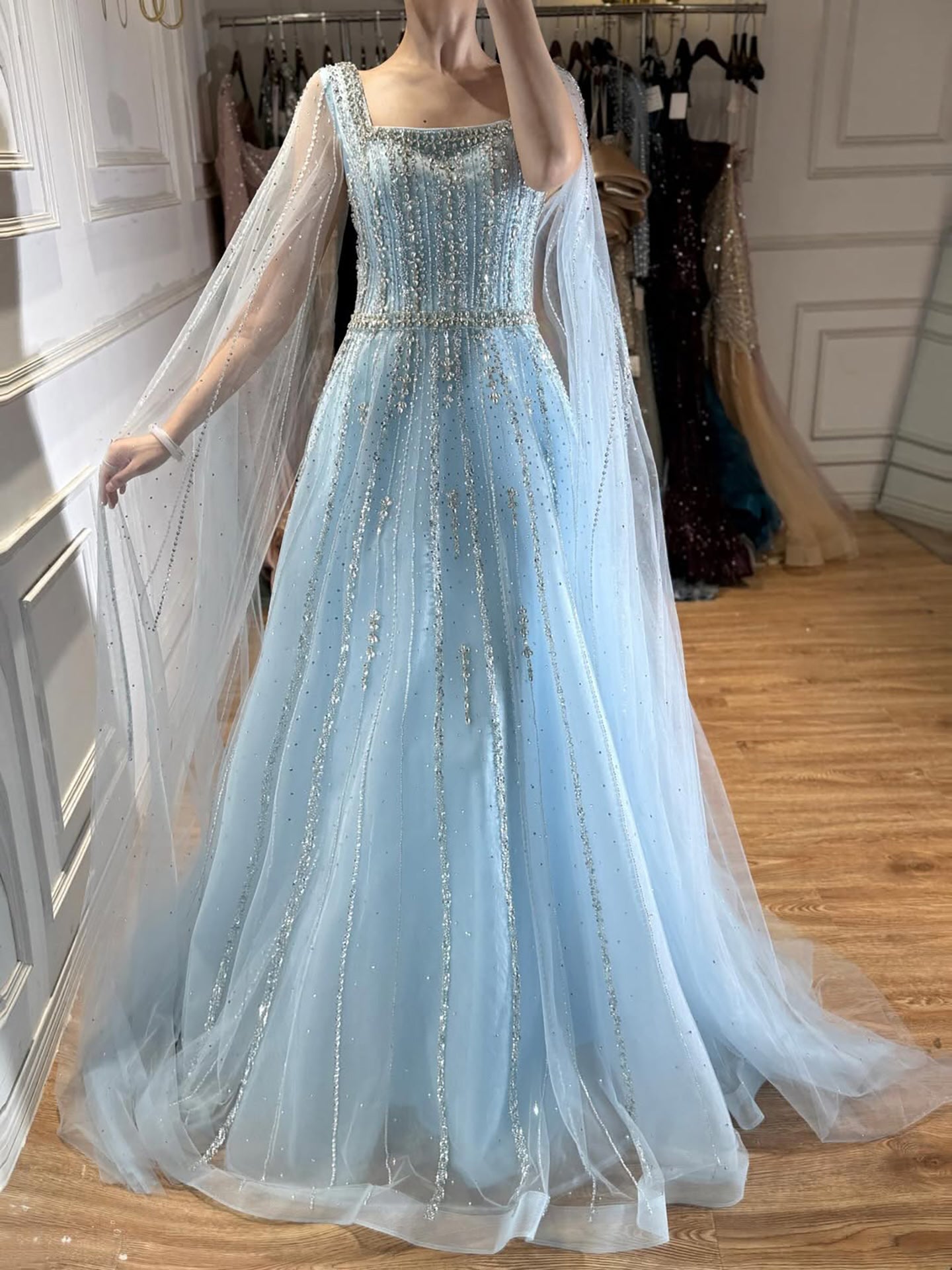 Luxury Blue Square Neck Beaded A Line Evening Gown with Cape LA73188A