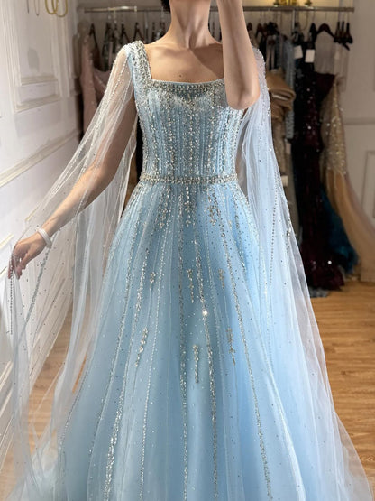 Luxury Blue Square Neck Beaded A Line Evening Gown with Cape LA73188A
