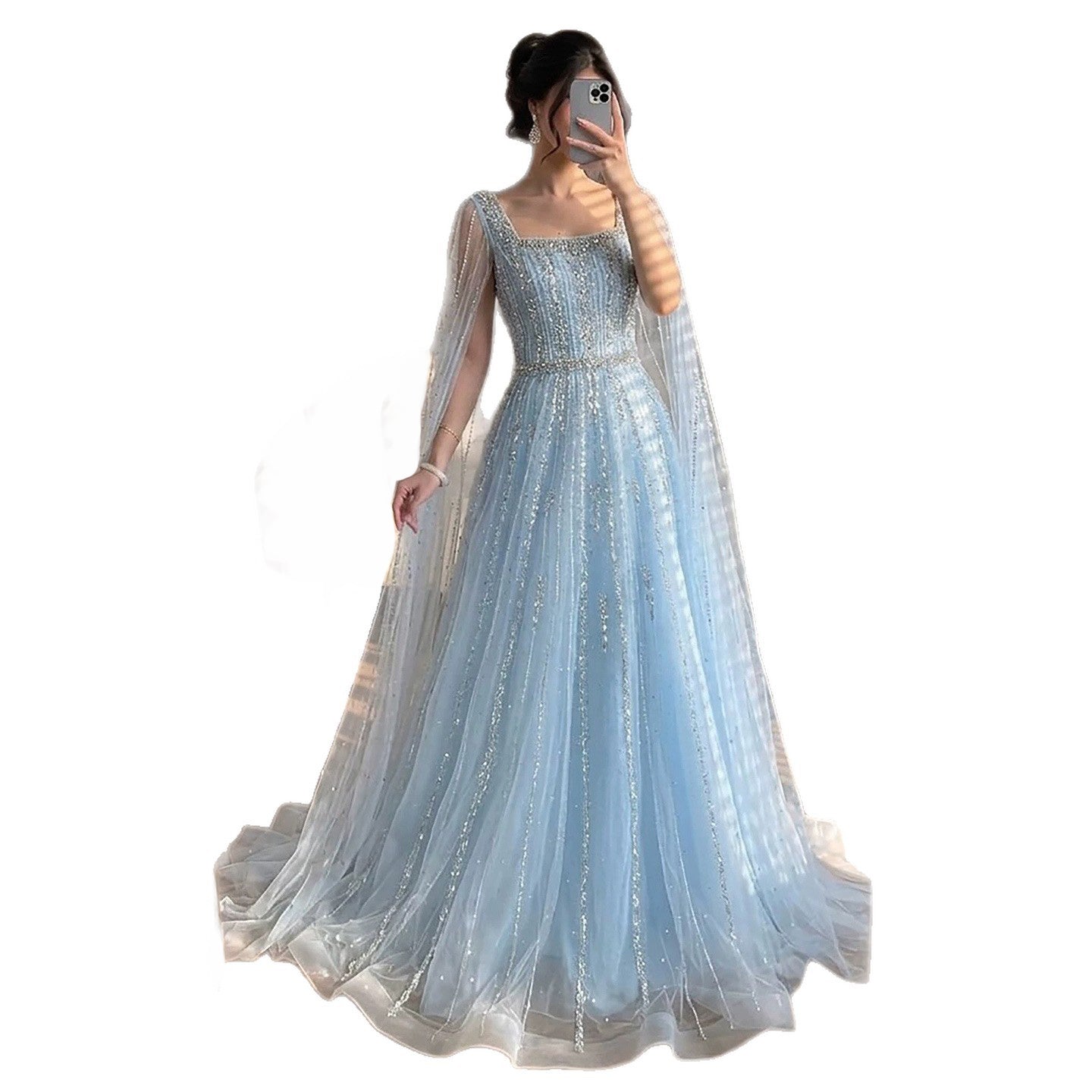 Luxury Blue Square Neck Beaded A Line Evening Gown with Cape LA73188A