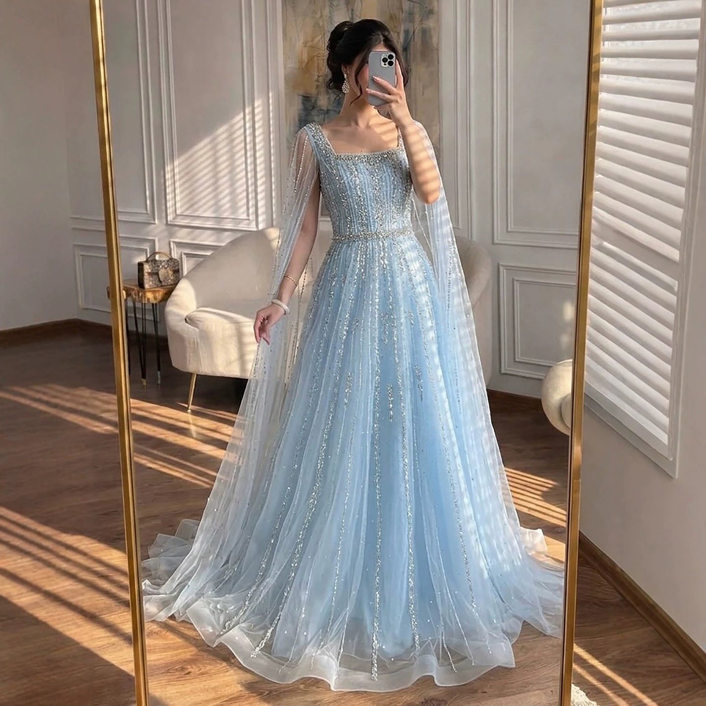 Luxury Blue Square Neck Beaded A Line Evening Gown with Cape LA73188A