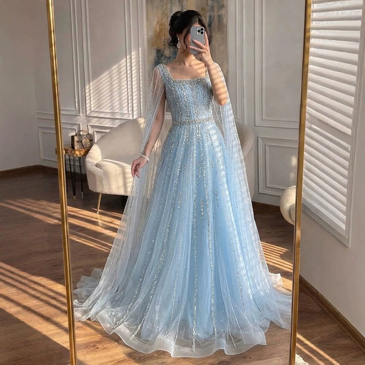 Luxury Blue Square Neck Beaded A Line Evening Gown with Cape LA73188A