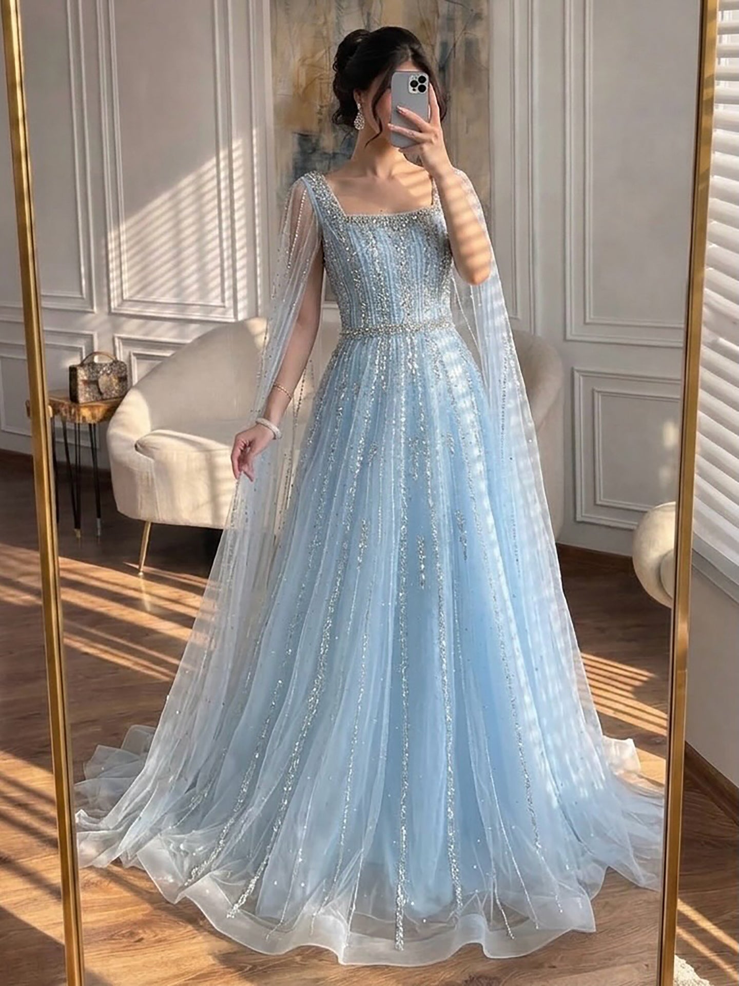 Luxury Blue Square Neck Beaded A Line Evening Gown with Cape LA73188A