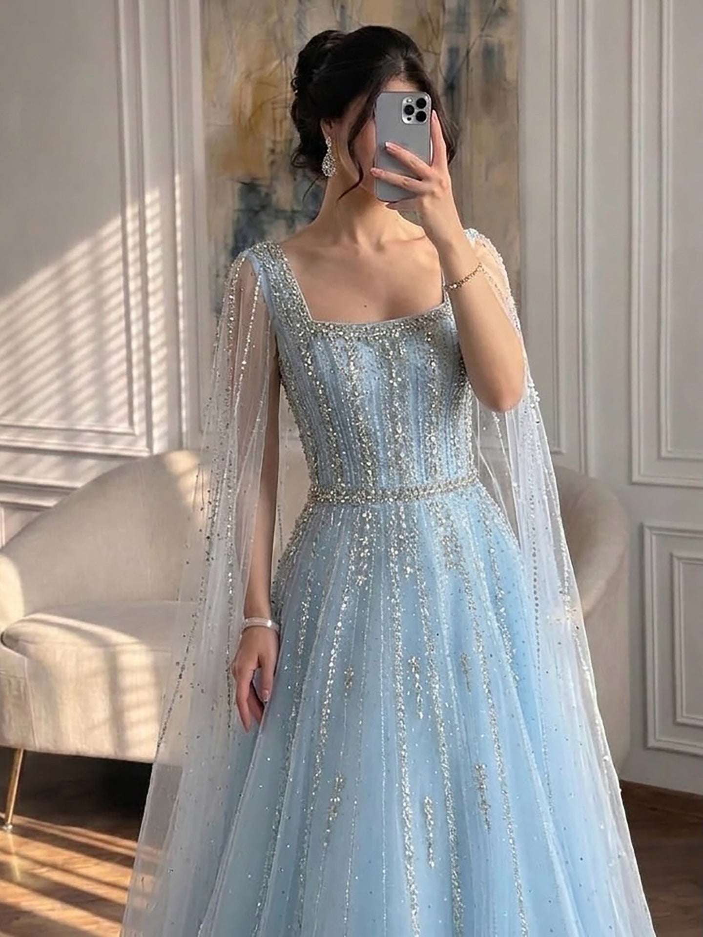 Luxury Blue Square Neck Beaded A Line Evening Gown with Cape LA73188A