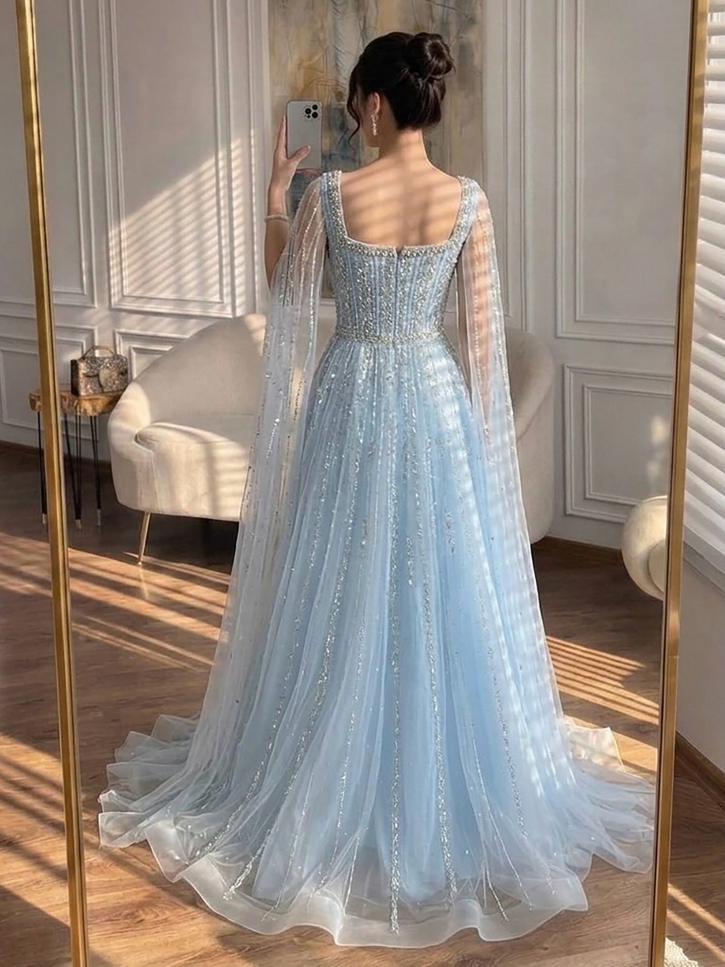 Luxury Blue Square Neck Beaded A Line Evening Gown with Cape LA73188A