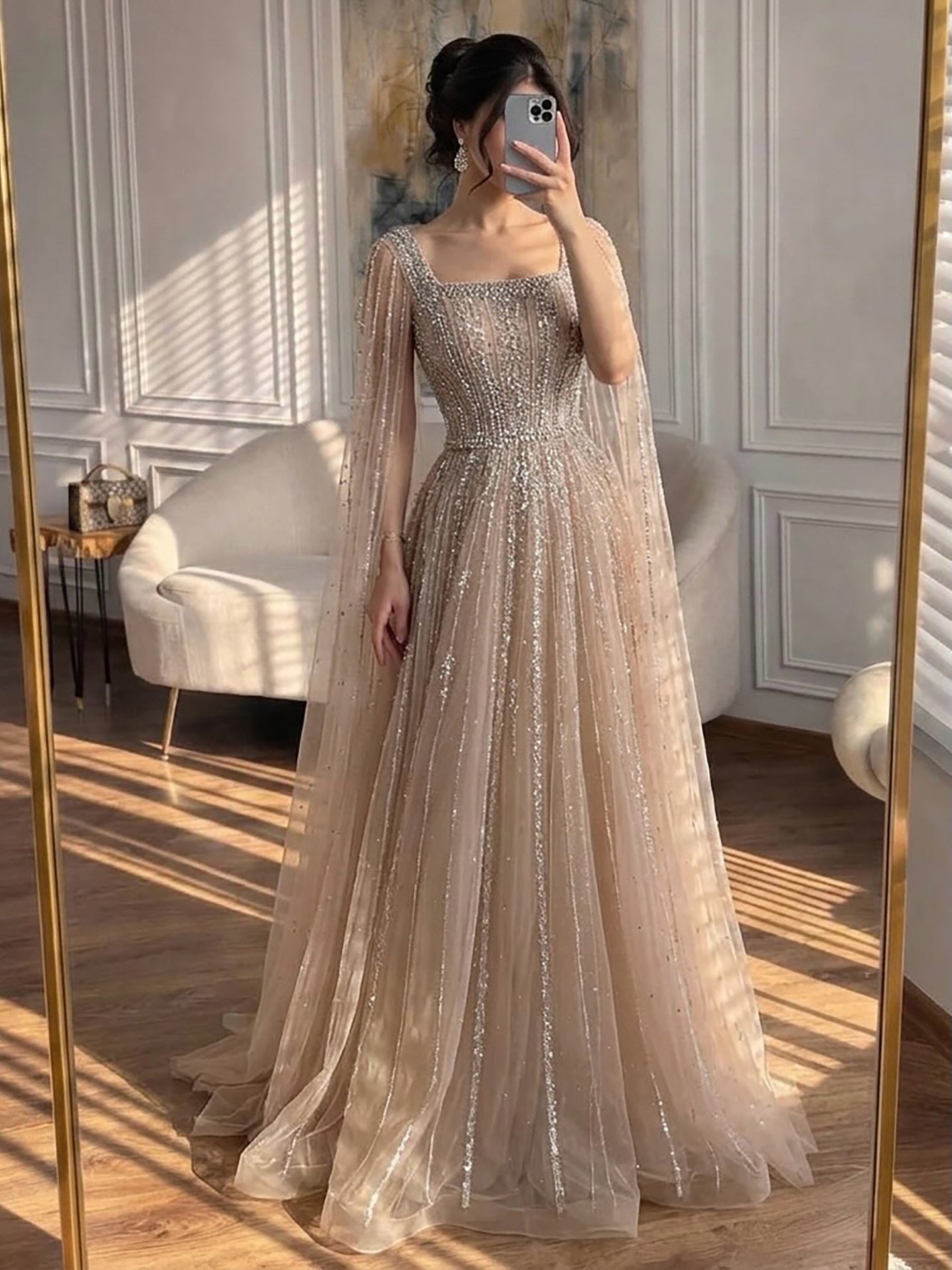 Luxury Blue Square Neck Beaded A Line Evening Gown with Cape LA73188A