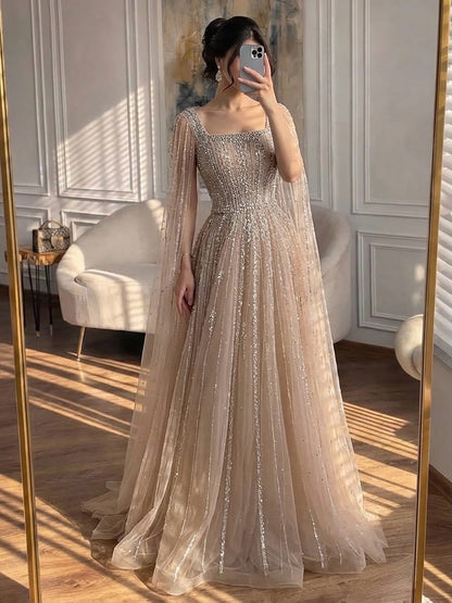 Luxury Blue Square Neck Beaded A Line Evening Gown with Cape LA73188A