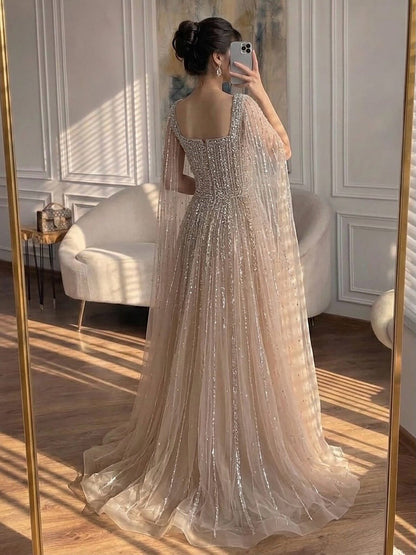 Luxury Blue Square Neck Beaded A Line Evening Gown with Cape LA73188A