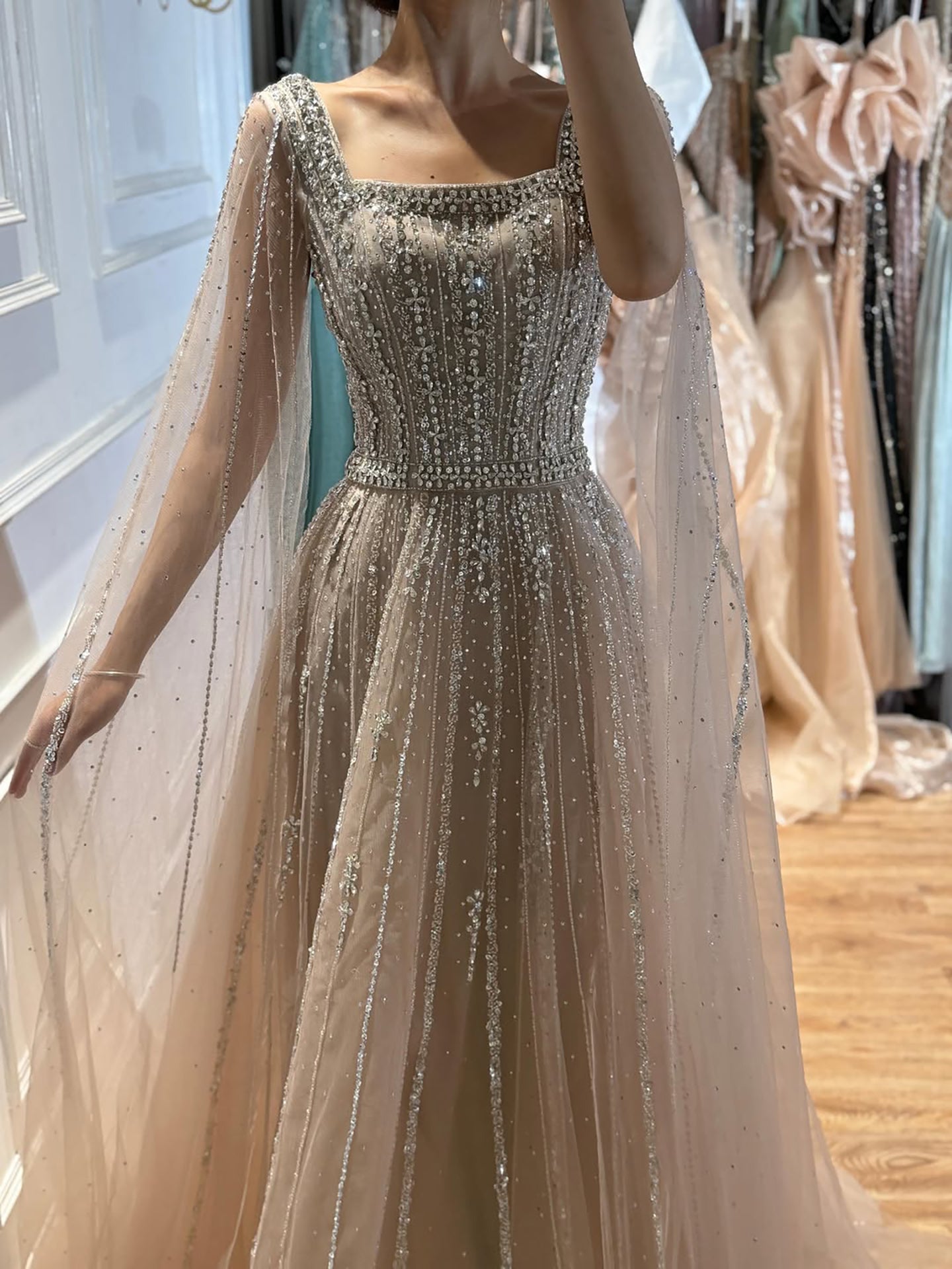 Luxury Blue Square Neck Beaded A Line Evening Gown with Cape LA73188A