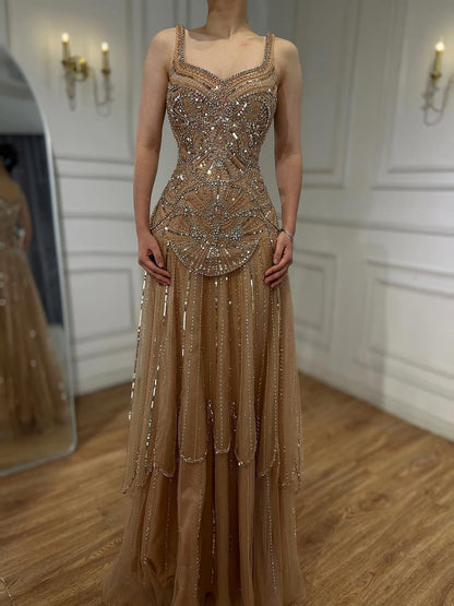 Nude Strap Sweetheart Beaded A-line Evening Dress LA73189