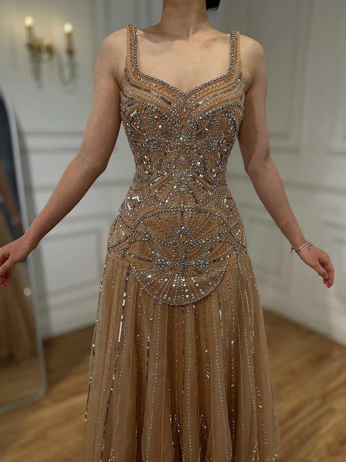 Nude Strap Sweetheart Beaded A-line Evening Dress LA73189