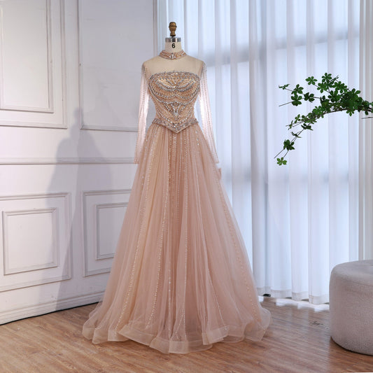 Modest Pink Crystal Beaded A-Line Long Sleeve Evening Dress Party Gown LA73192