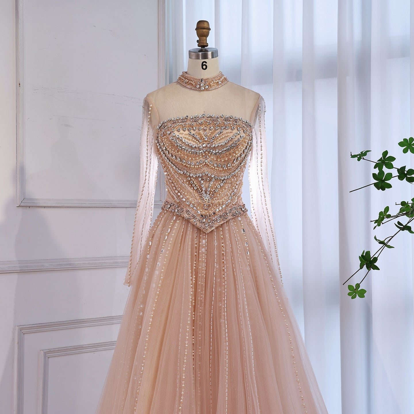 Modest Pink Crystal Beaded A-Line Long Sleeve Evening Dress Party Gown LA73192