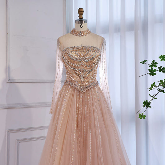 Modest Pink Crystal Beaded A-Line Long Sleeve Evening Dress Party Gown LA73192