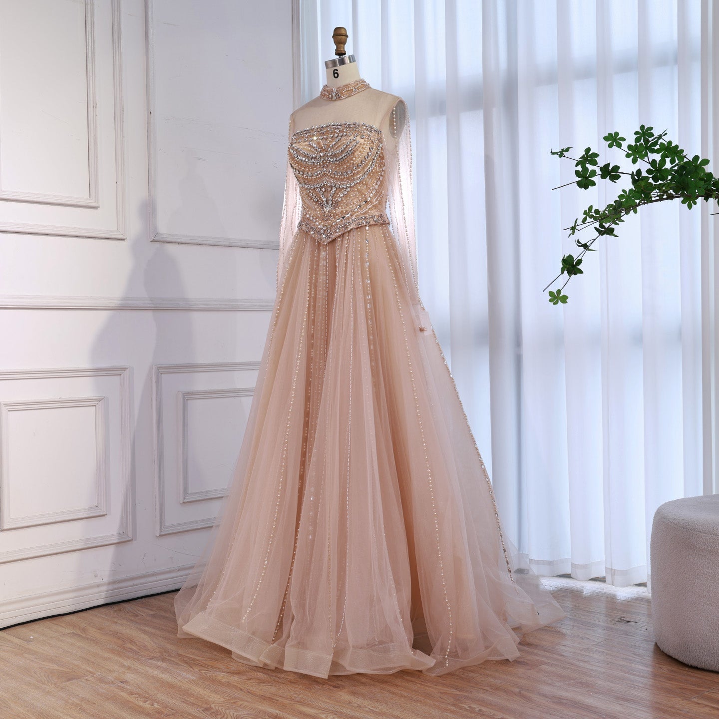 Modest Pink Crystal Beaded A-Line Long Sleeve Evening Dress Party Gown LA73192