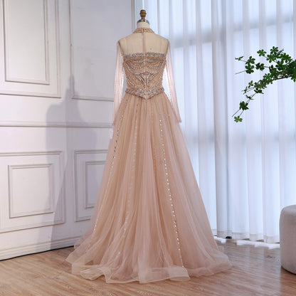 Modest Pink Crystal Beaded A-Line Long Sleeve Evening Dress Party Gown LA73192