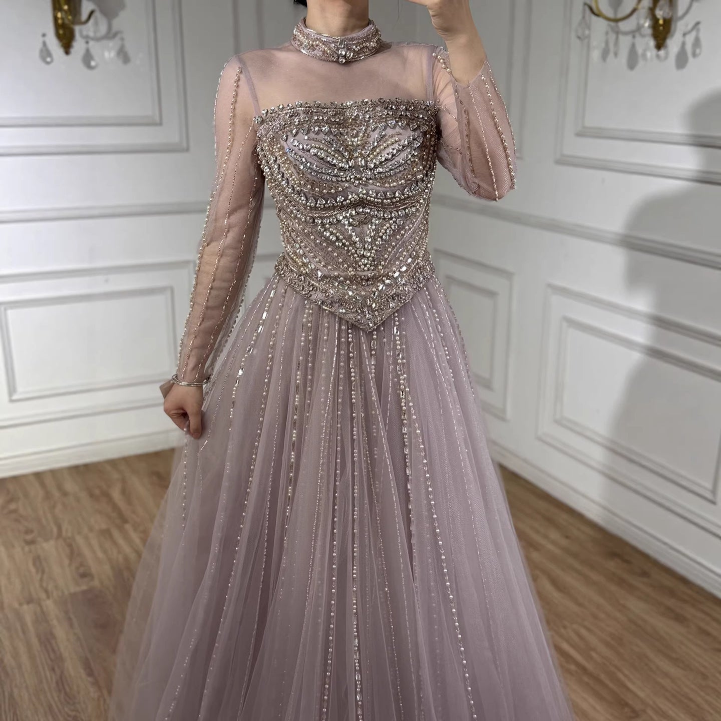 Modest Pink Crystal Beaded A-Line Long Sleeve Evening Dress Party Gown LA73192