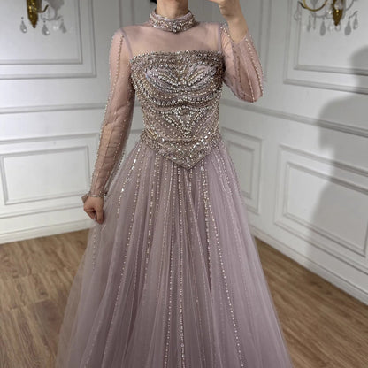 Modest Pink Crystal Beaded A-Line Long Sleeve Evening Dress Party Gown LA73192