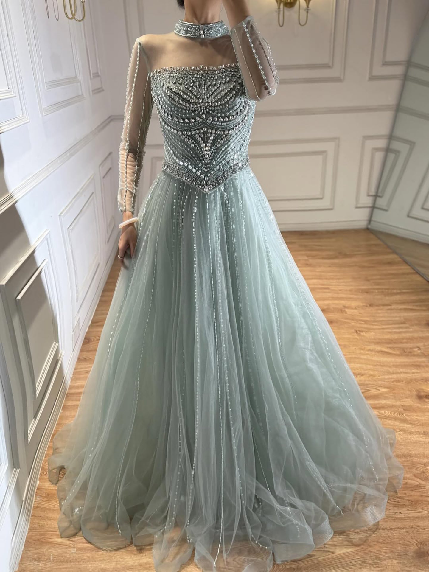 Modest Pink Crystal Beaded A-Line Long Sleeve Evening Dress Party Gown LA73192