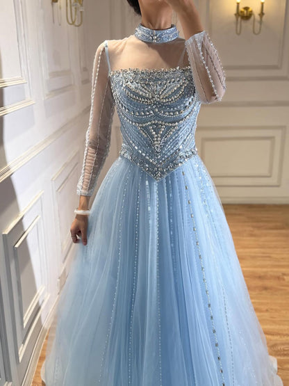 Modest Pink Crystal Beaded A-Line Long Sleeve Evening Dress Party Gown LA73192