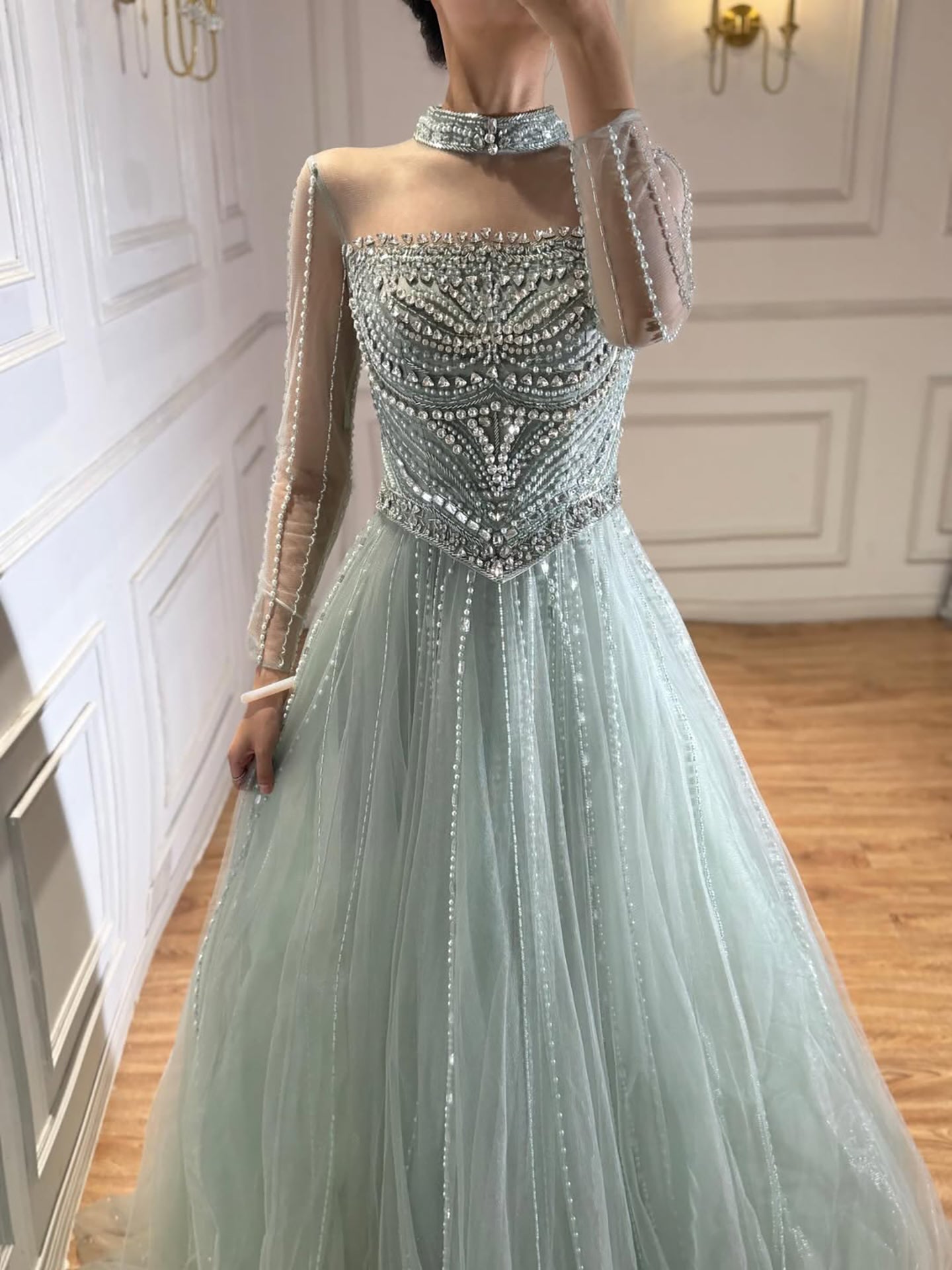Modest Pink Crystal Beaded A-Line Long Sleeve Evening Dress Party Gown LA73192